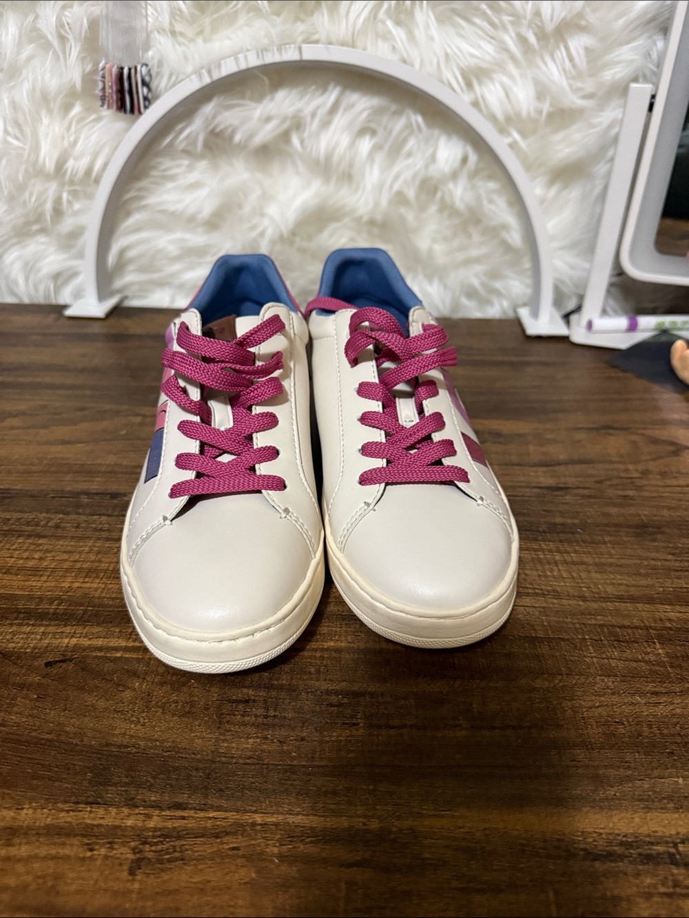 Coach Cream Sneakers with Pink Laces and Blue Heel